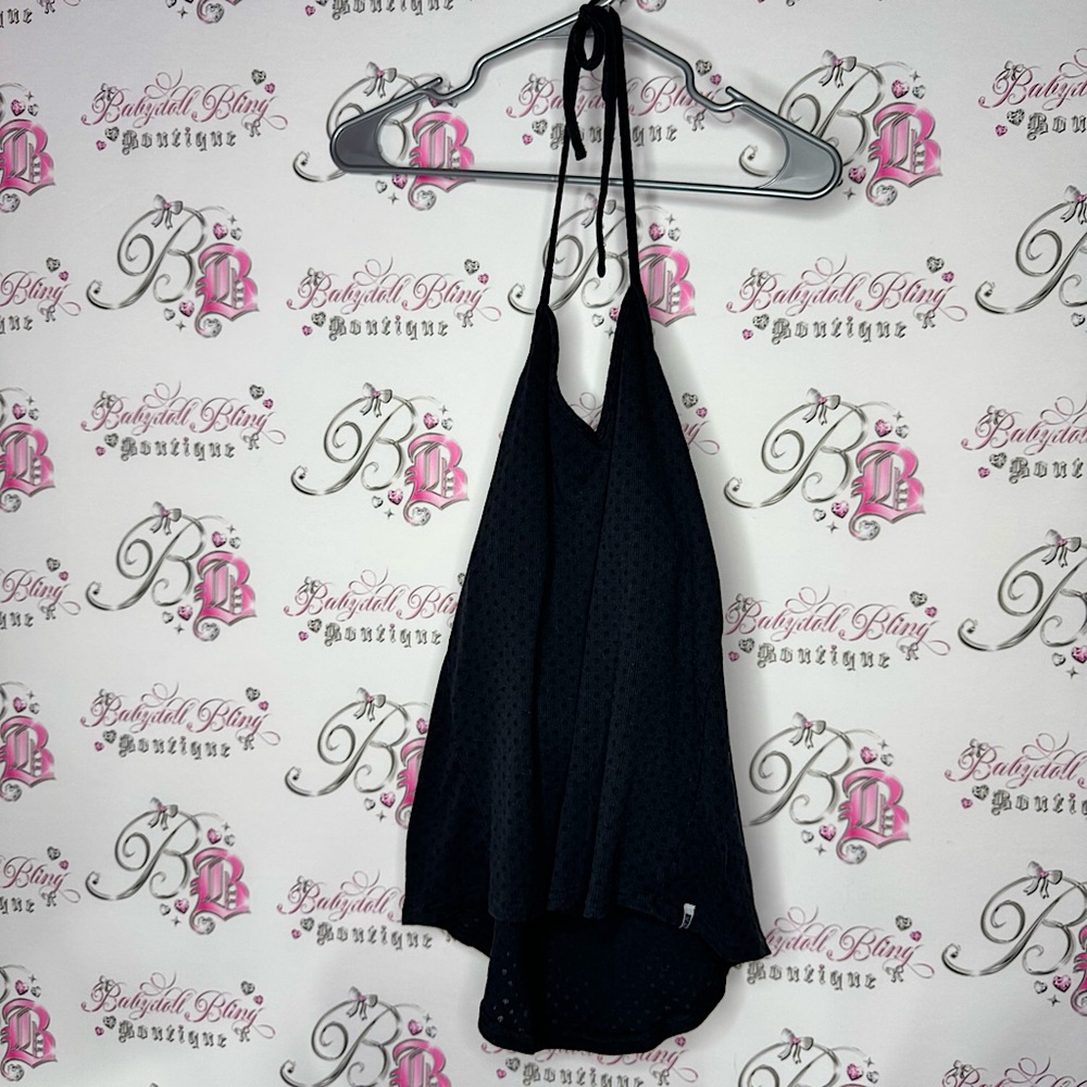 Roxy halter tank top built in bra polka dot black with logo cute open back y2k